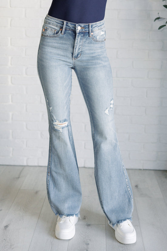 Caroline Mid Rise Control Top Distressed Flare Jeans