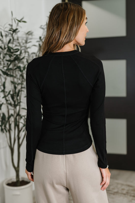 Effortless Edge Knit Henley Top in Black